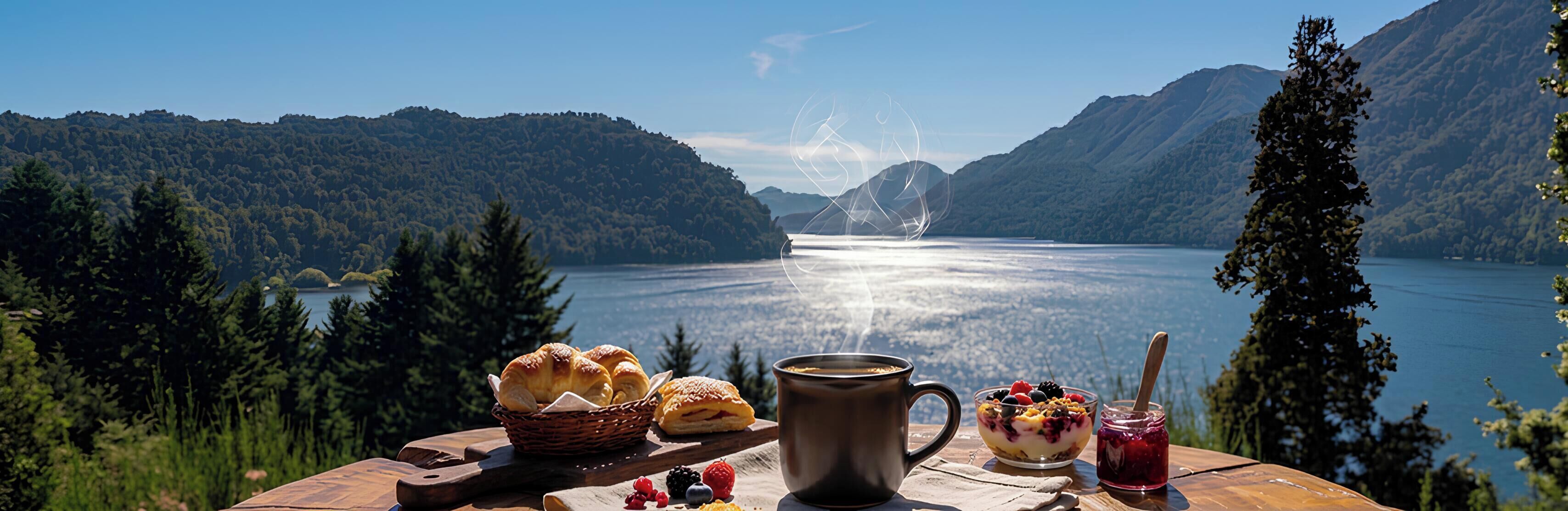 A scenic view of a lake with mountains, a wooden table with pastries, a mug, and a berry drink.