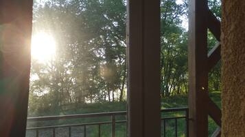 Une vue à travers une fenêtre ornée d’une rambarde en métal, avec des arbres et la lumière du soleil.