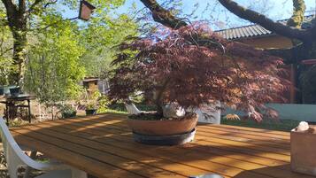 Eine Holzterrasse mit einem Blumentopf und einem Vogelhäuschen aus Metall.