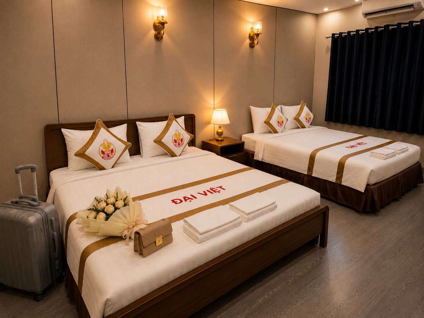 A hotel room with two beds, a suitcase, and a bouquet of flowers.