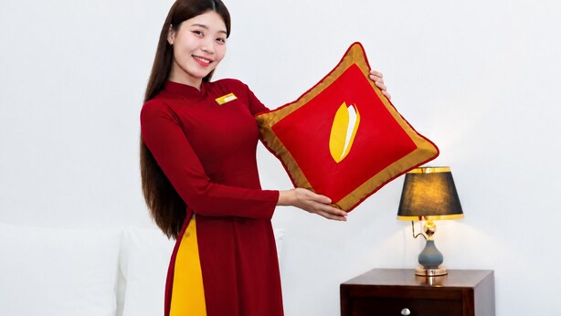 A person holding a red and yellow pillow with a gold emblem, standing next to a bedside table with a lamp. - The Rice Hotel&Tour - 39 Nguyen Trai No4 (Ho Chi Minh City)