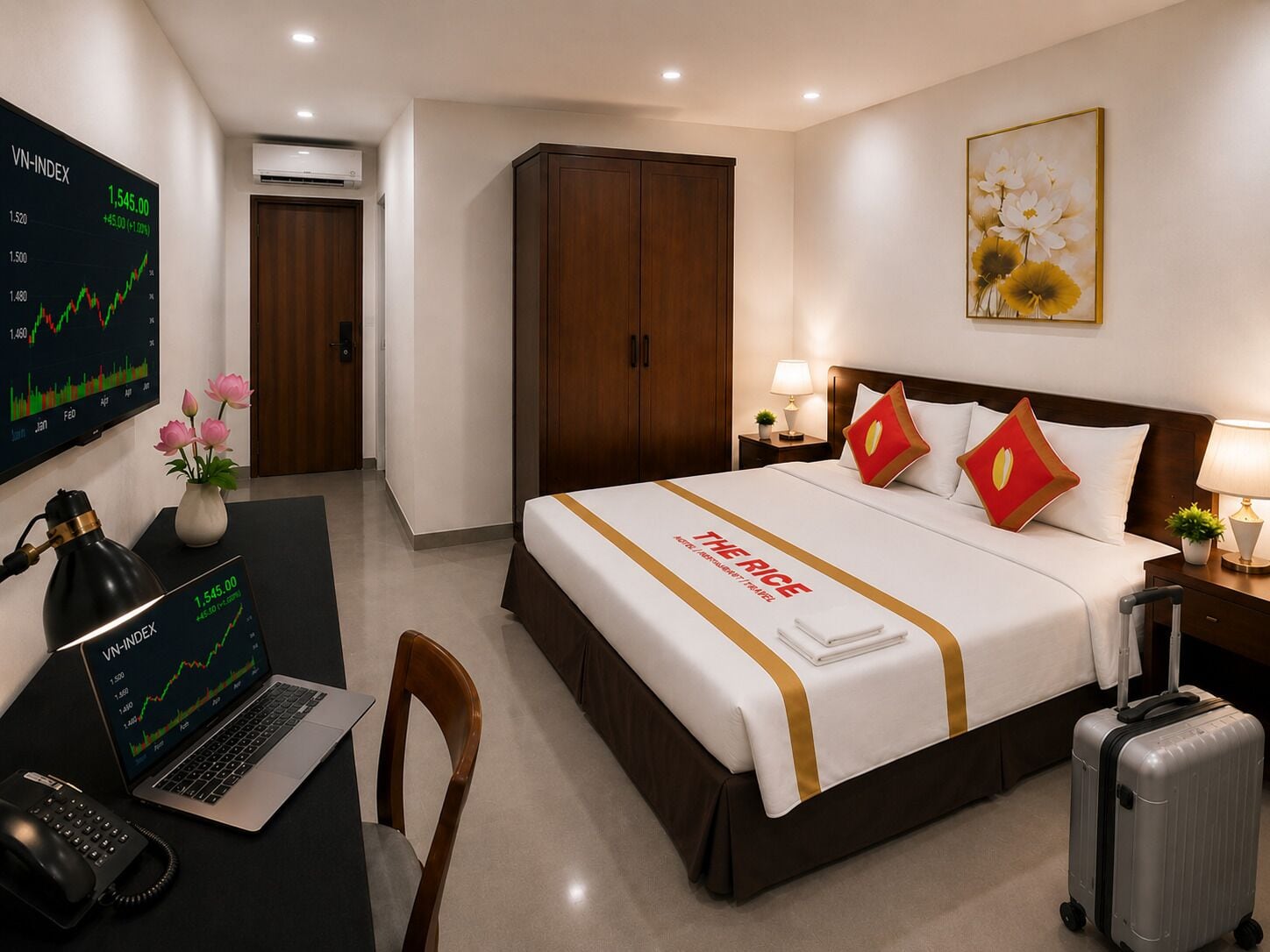 A hotel room with a bed, a desk with a laptop, a wall-mounted TV displaying a graph, a suitcase, and a painting.