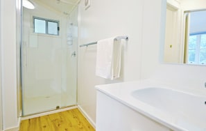 A bathroom with a glass shower enclosure, a white bathtub, and a towel rack. - StayAU Big group Retreat Falls Creek (Bogong)