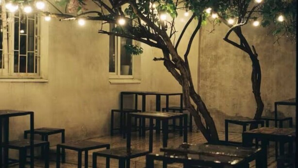 A room with wooden tables and chairs arranged in a casual setting, a tree with hanging lights, and a window with barred glass. - Steps to Beach & Boardwalk, Cozy Room, Fast WiFi, Private Bath, Coffee+Snacks #4 (Santa Cruz)