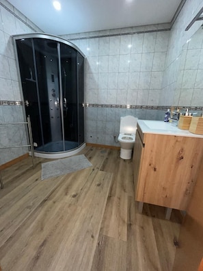 Douche, sèche-cheveux, serviettes fournies, papier toilette