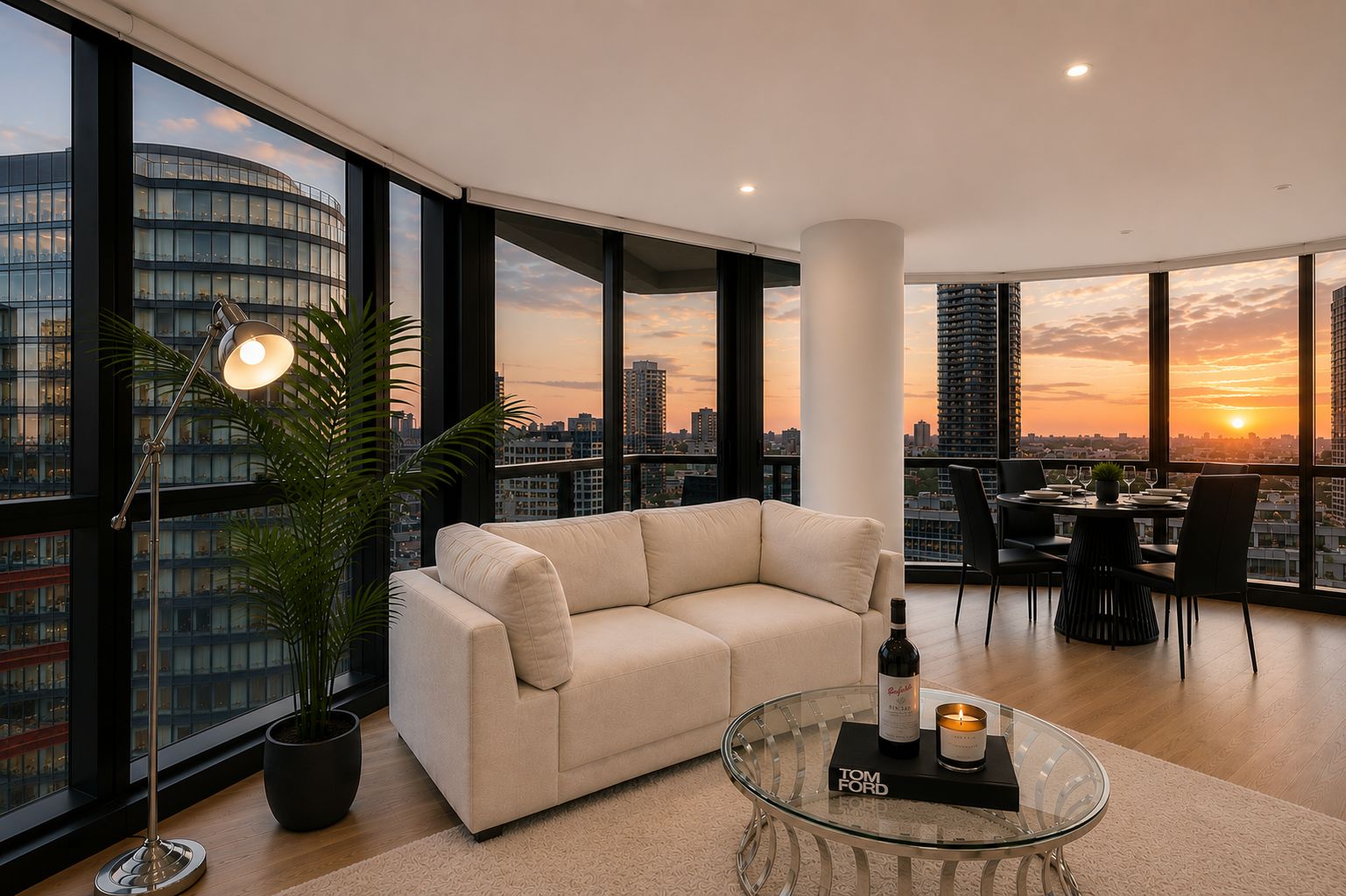 A modern living room with a sofa, a glass coffee table, and a dining area with chairs and a table.