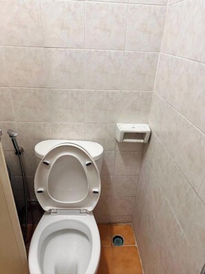 Ein kleines Badezimmer mit Fliesen, einer Toilette, einem Bidet und einer Duschbrause.