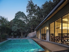 A swimming pool with a wooden deck, surrounded by tall trees and a building with large windows.