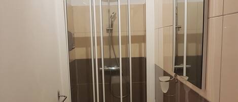 A bathroom with a glass-enclosed shower, a white sink, and a mirror.