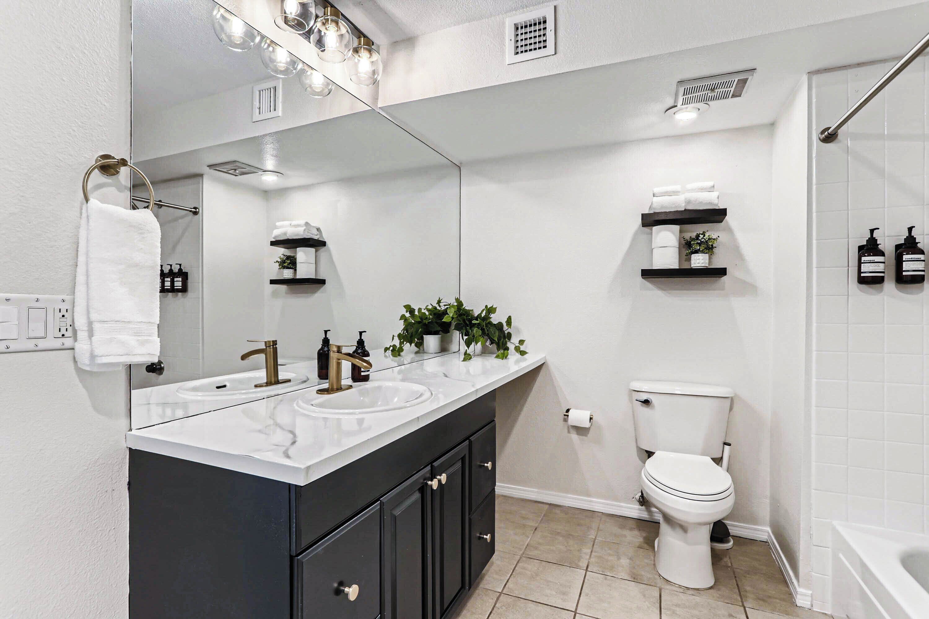 Hair dryer, towels, soap, shampoo