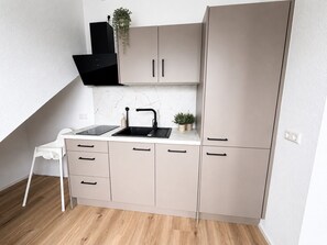 A compact kitchen with a sink, a black range hood, and a small potted plant.