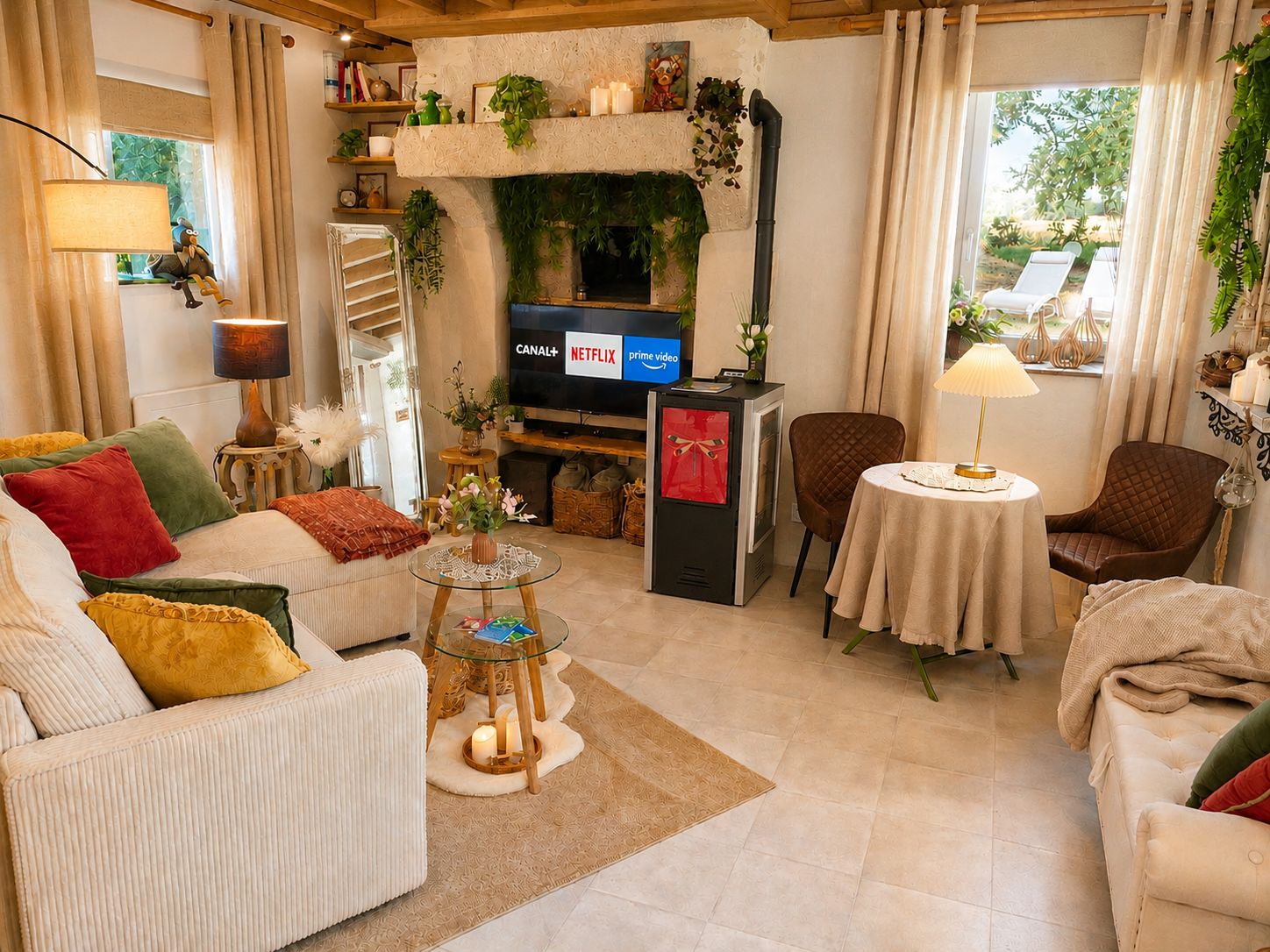 A cozy living room with a fireplace, a television, and comfortable seating.