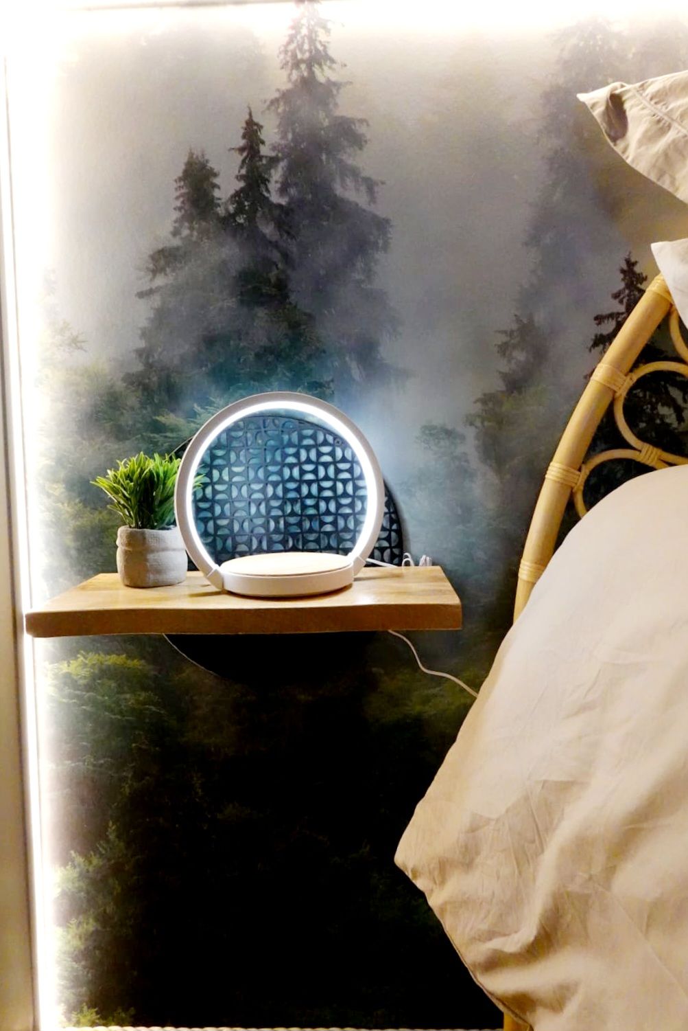Une table de chevet avec un miroir rond et une petite plante en pot.