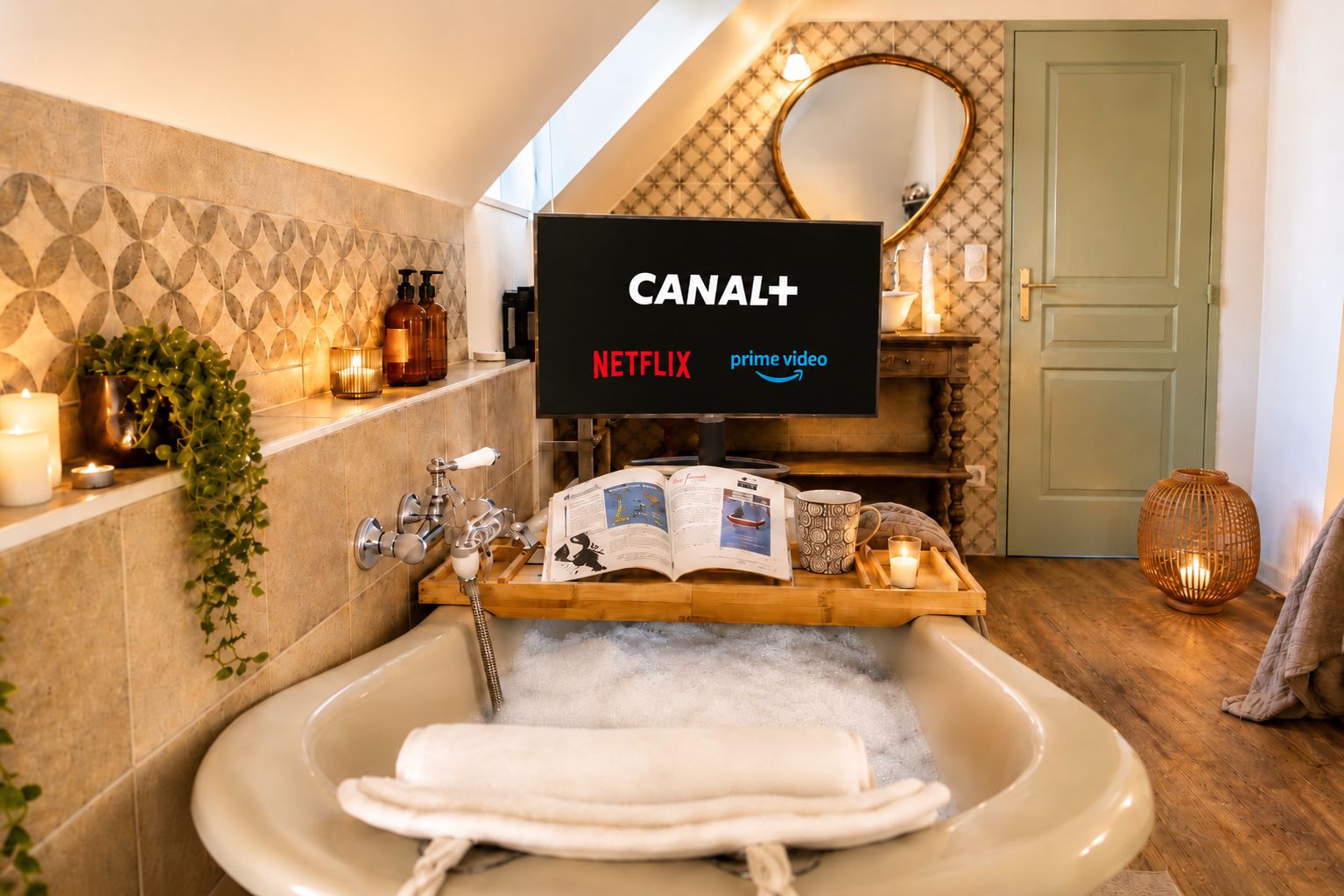 Et badeværelse med et badekar, en træbakke med bøger og en kop, samt et fjernsyn der viser 'CANAL+ NETFLIX prime video'.