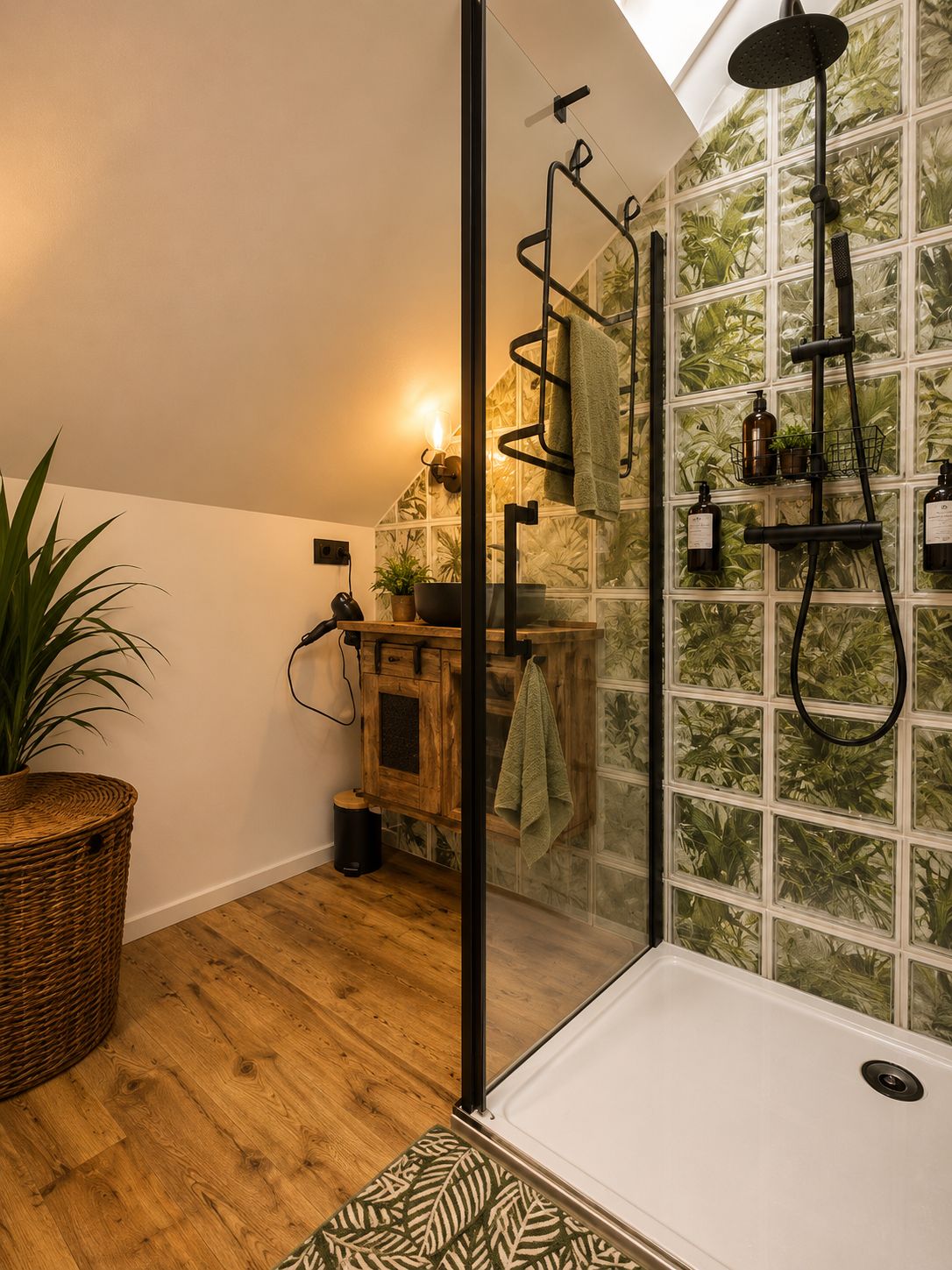 Une salle de bain moderne avec une douche à parois de verre, un plancher en bois et une plante en pot.