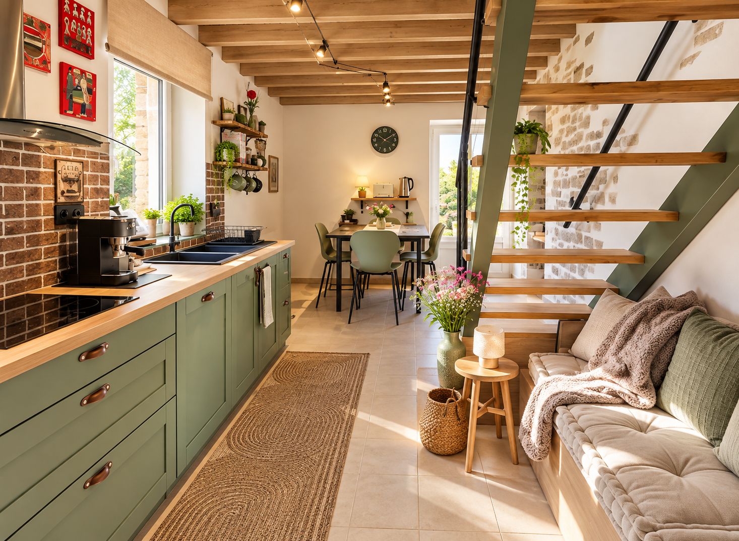 Une cuisine moderne avec un mur de fond en briques, des armoires en bois et un coin repas agrémenté d’un canapé vert et d’une petite table.