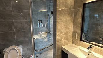 Hair dryer, towels, soap, toilet paper