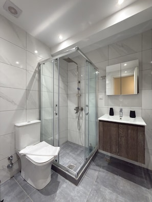 Een moderne badkamer met een douchecabine van glas, een toilet en een wastafel met spiegel.