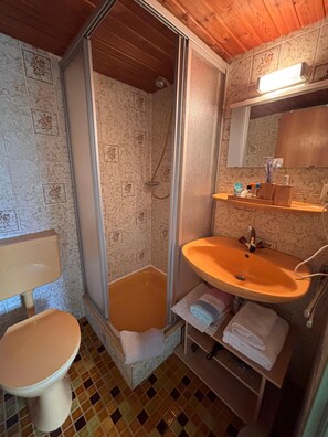 Ein Badezimmer mit Dusche, Waschbecken und Toilette.