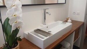A white bathroom sink with a modern faucet, a large mirror above it, and a potted orchid plant on the left. - Fully-equipped T2 apartment in a country setting close to all amenities, 15 minutes from the beach. (Solliès-Ville)