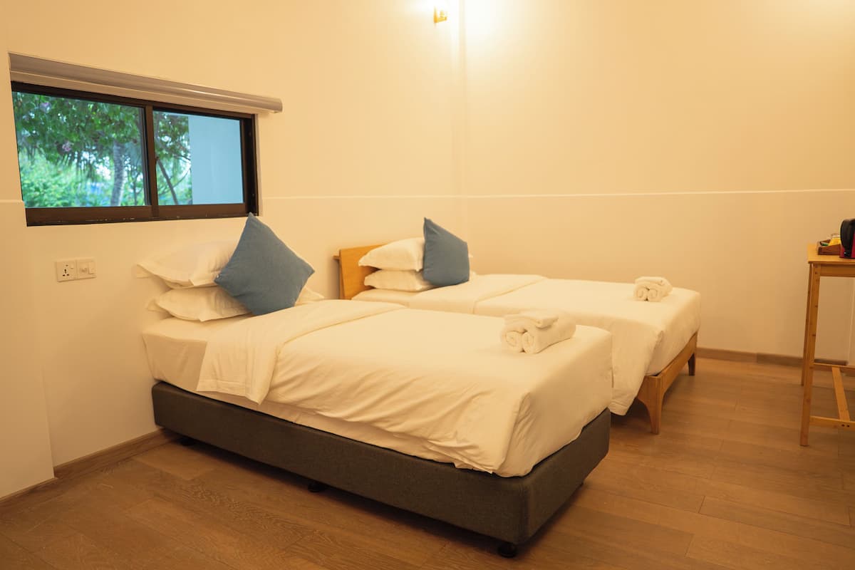 Una habitación con dos camas, una ventana que da a árboles, suelo de madera y una mesita.
