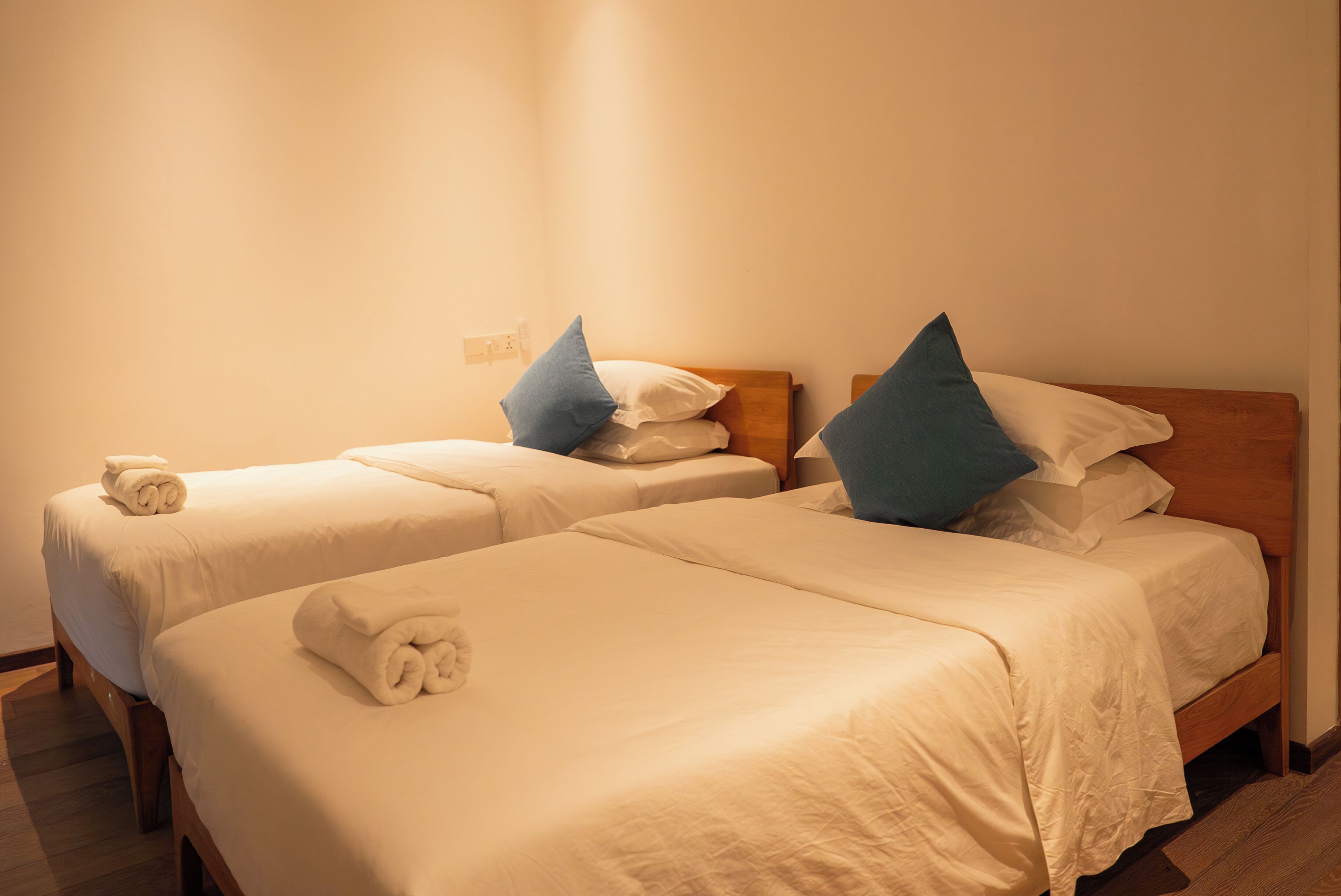 Two single beds with wooden headboards, white linens, and blue pillows.