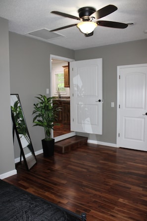 A room with hardwood flooring, a ceiling fan, and a potted plant.