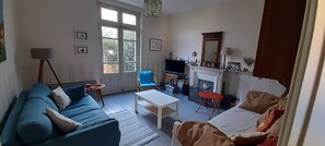 TV, peis, bøker og musikkbibliotek