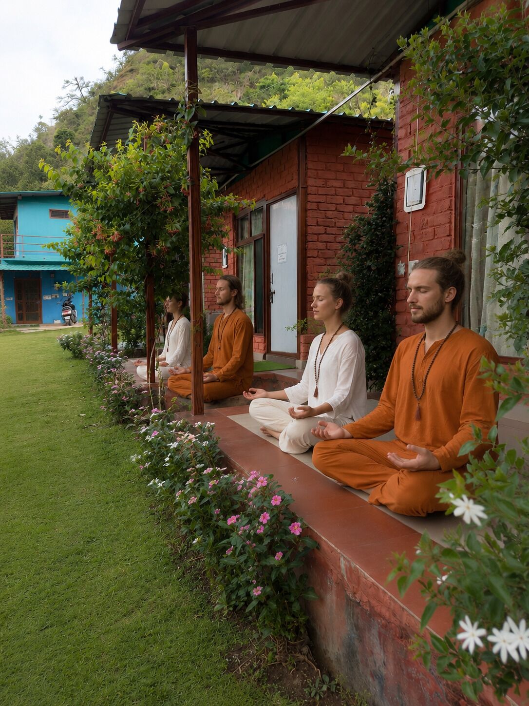 Four individuals meditating in an outdoor setting with a brick building and greenery in the background.