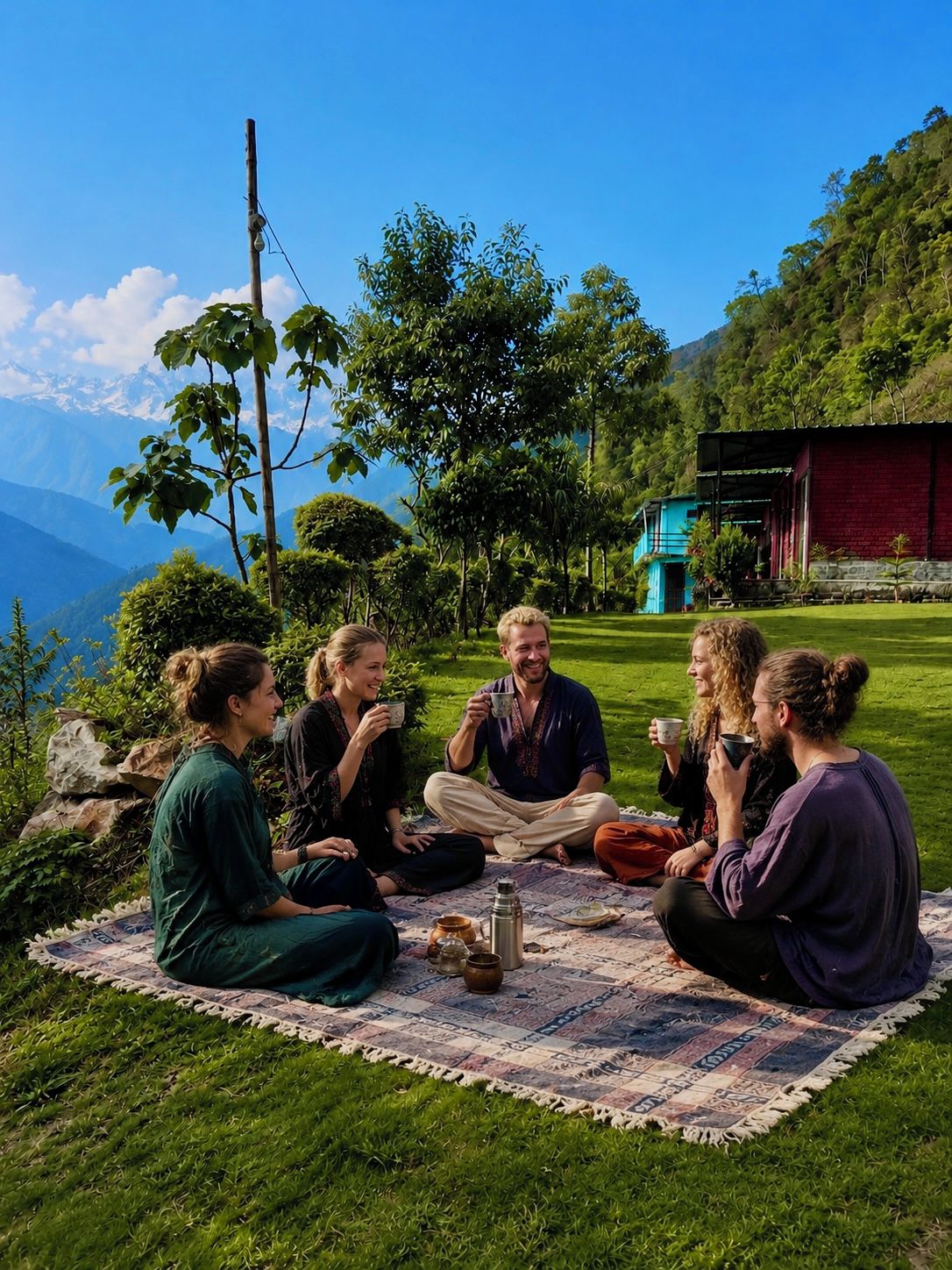 A group of people sitting on a blanket outdoors, with a mountain backdrop and a building in the distance.