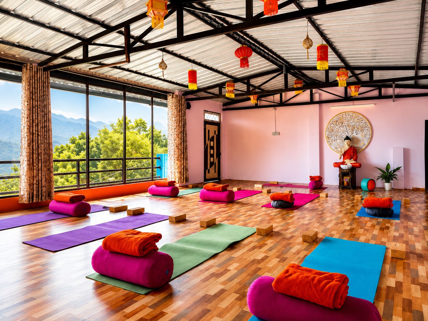 A yoga studio with wooden flooring, yoga mats, and blocks.