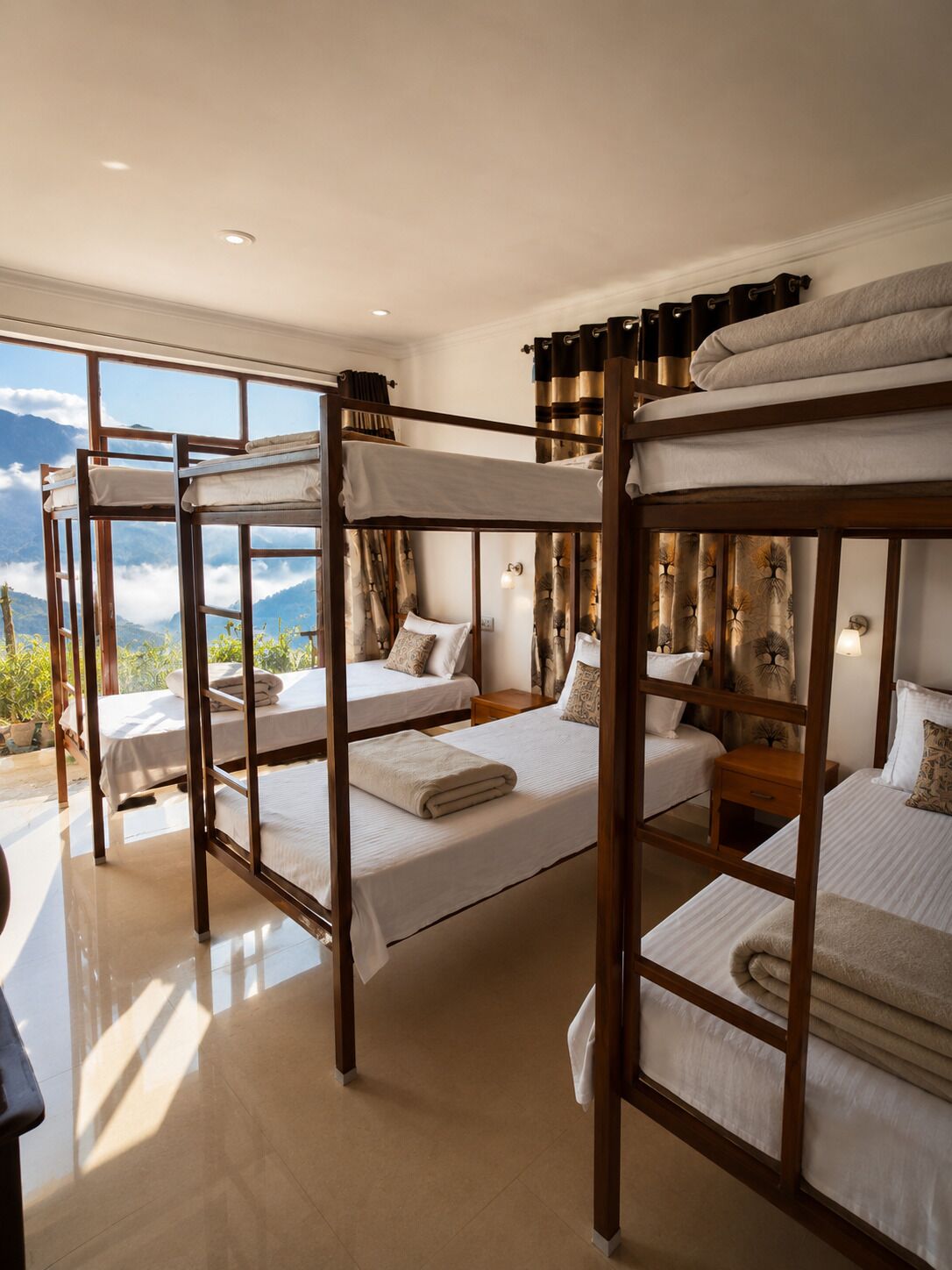 Una habitación con literas, suelo de madera y vistas a las montañas.