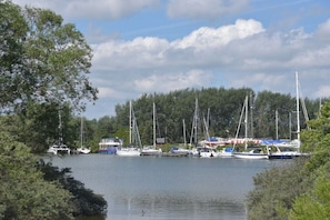 Ein Yachthafen mit mehreren Segelbooten, umgeben von Bäumen und blauem Himmel.