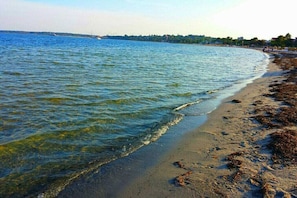 Une plage Ă lâeau claire, avec un rivage sablonneux et une ligne dâhorizon lointaine oĂč lâon aperçoit des bĂątiments.