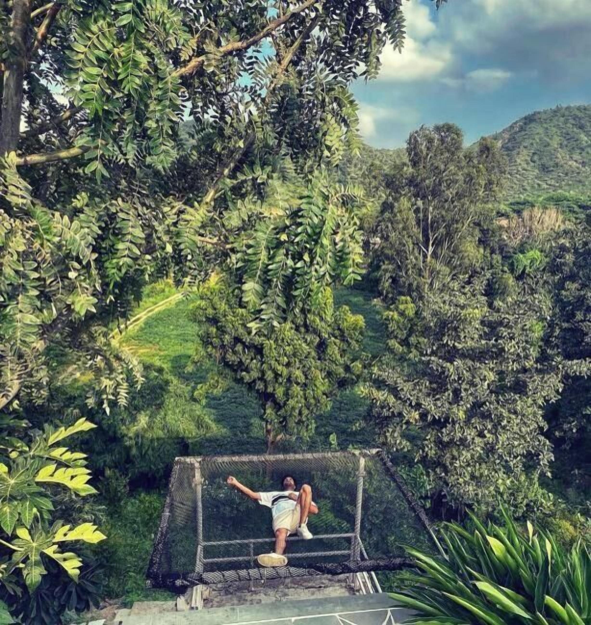 A person sitting on a hammock in a lush, green outdoor setting with trees and hills in the background.