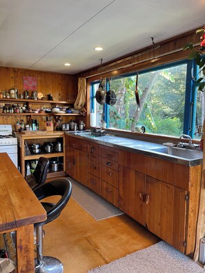 Una cocina con armarios de madera, un ventanal y vistas al verdor exterior.