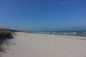 Une plage de sable fin, avec des vagues de l’océan, un ciel dégagé et une végétation clairsemée.