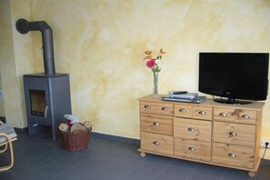 Ein Zimmer mit Kaminofen, einem Holzkasten mit Schubladen, einem Fernseher und einer Vase mit Blumen.
