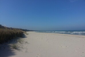Ein sandiger Strand mit Wellen, klarem Himmel und vereinzelter Vegetation.
