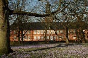 En byggnad med en fasad av tegel och många fönster, omgiven av träd och ett fält med lila blommor.