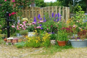 En trädgård med olika sorters krukväxter och blommor, ett trästaket och en svart vattenpump.