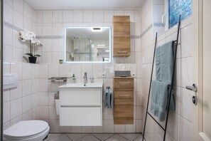 Shower, hair dryer, towels - Apartment 'Wohlfühlappartement Sonnenhalde' with Private Terrace, Garden & Wi-Fi (Sigmarszell)