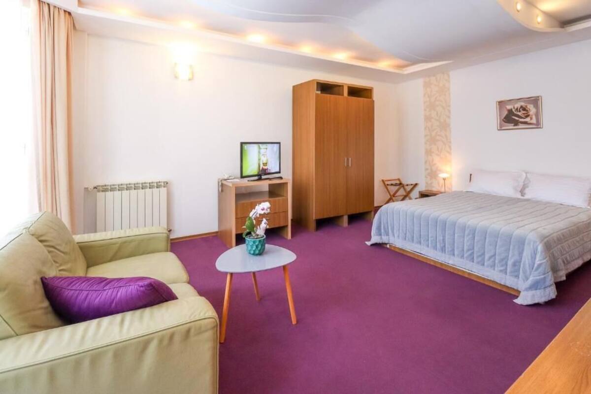 A bedroom with a bed, a sofa, a small table with a plant, a wardrobe, and a radiator.