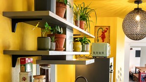 Una cucina moderna con piani di lavoro neri, elettrodomestici in acciaio inossidabile e diverse piante in vaso sugli scaffali.