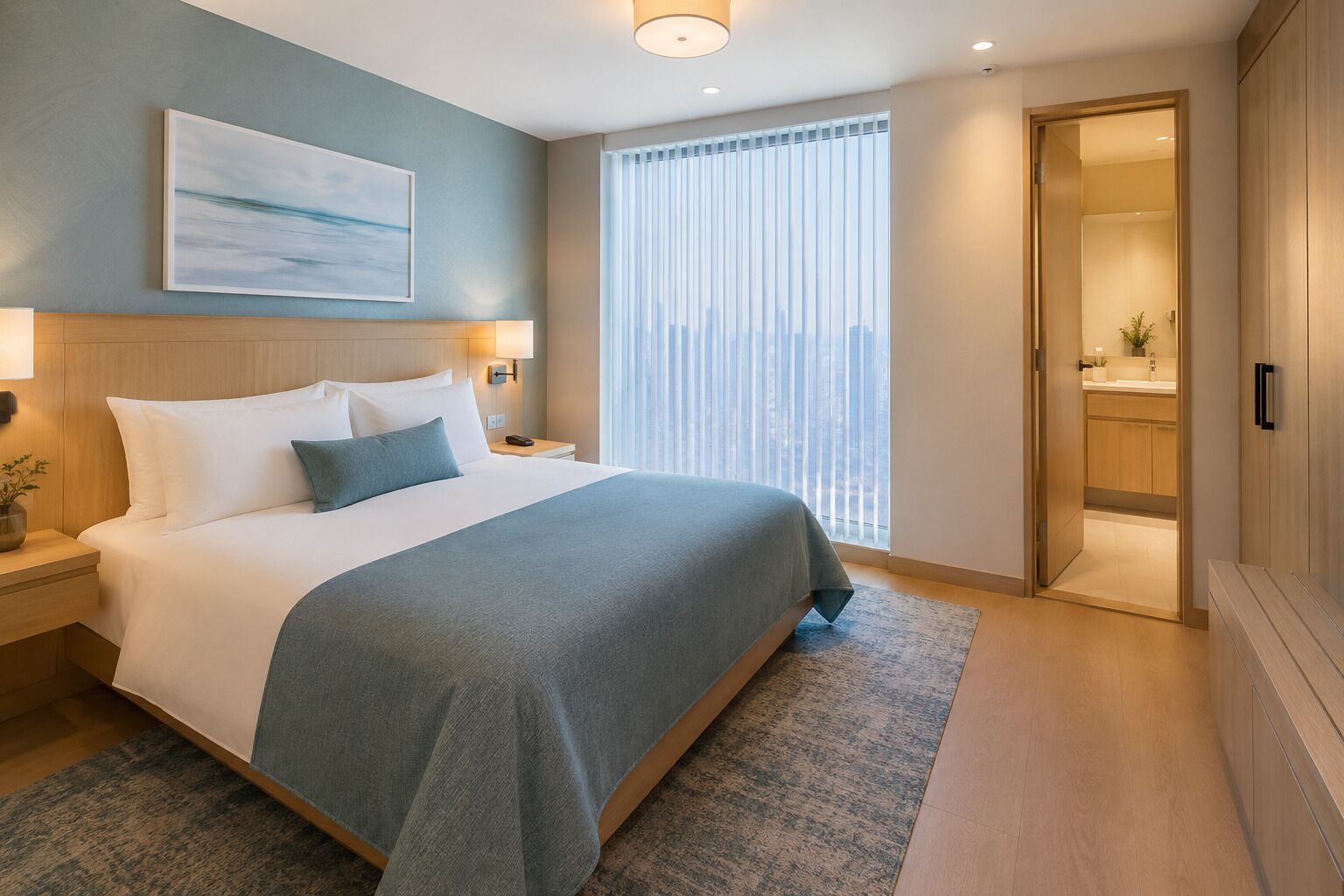 Ett modernt hotellrum med en stor säng, sängbord, ett litet bord, ett fönster med persienner, en dörr som leder till badrummet och utsikt över staden.