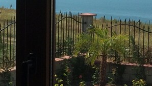 Vue d’une zone côtière avec un jardin clôturé et un petit bâtiment.