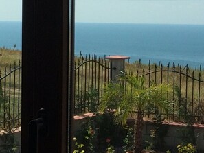 A view of a coastal area with a fenced garden and a small building.