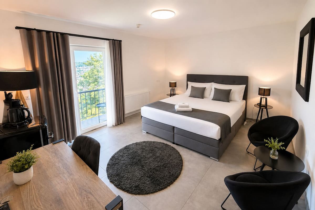 Une chambre d’hôtel moderne comprenant un lit, un bureau, deux chaises, une petite table, un tapis rond et un balcon avec des rideaux.