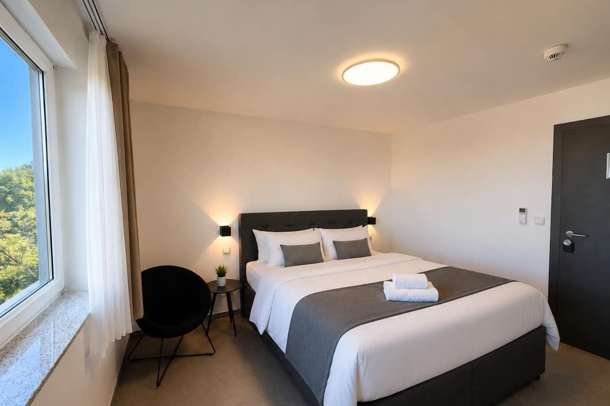 Une chambre d’hôtel avec un lit, une chaise, une petite table avec une plante, une porte et une fenêtre avec des rideaux.