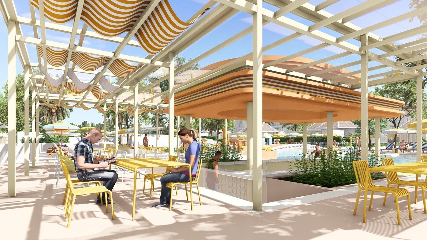 An outdoor seating area with yellow chairs and tables, a pool, and a covered pavilion.